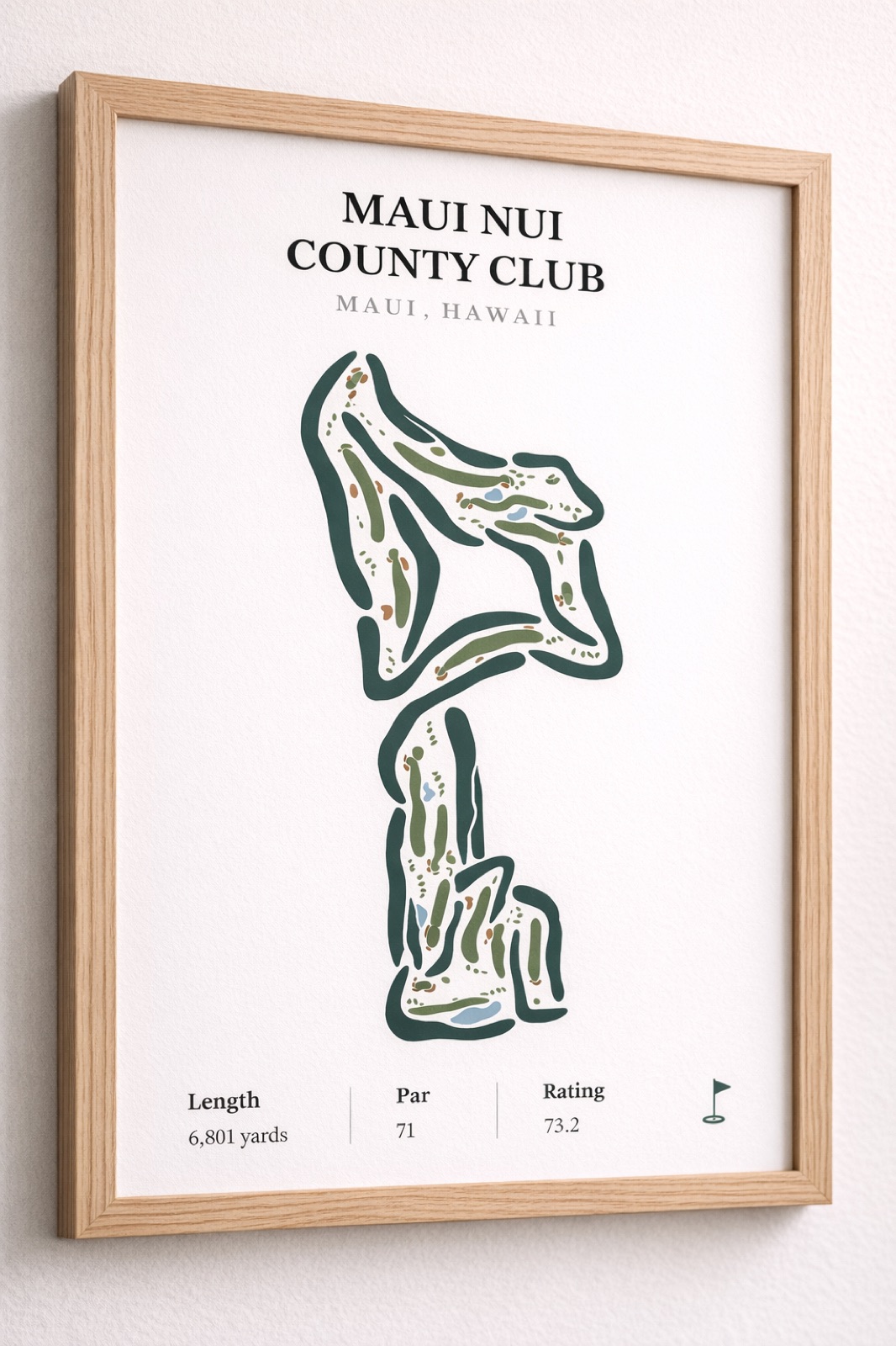 Maui Nui golf course print framed on a white wall